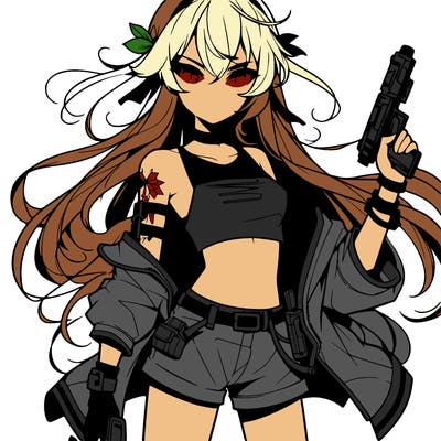 bad girl wearing crop top holding a gun long hair anime
