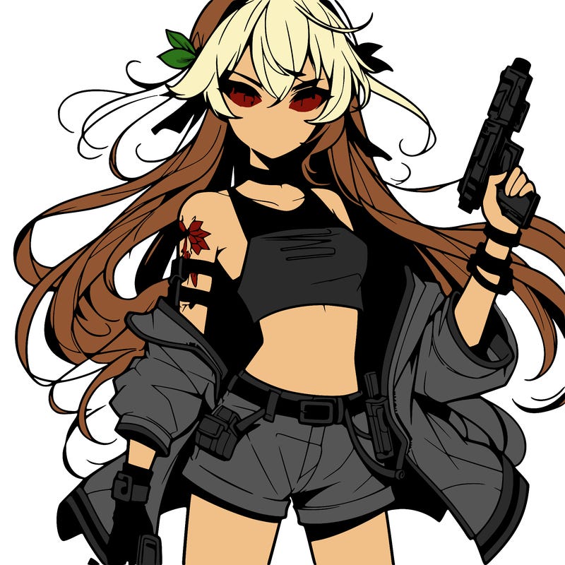 bad girl wearing crop top holding a gun long hair anime