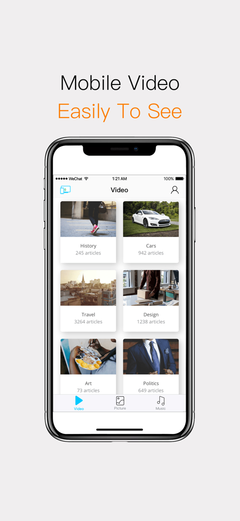 FastCast. - FastCast app screen showing a mobile video library with categories like travel and cars for screen mirroring.