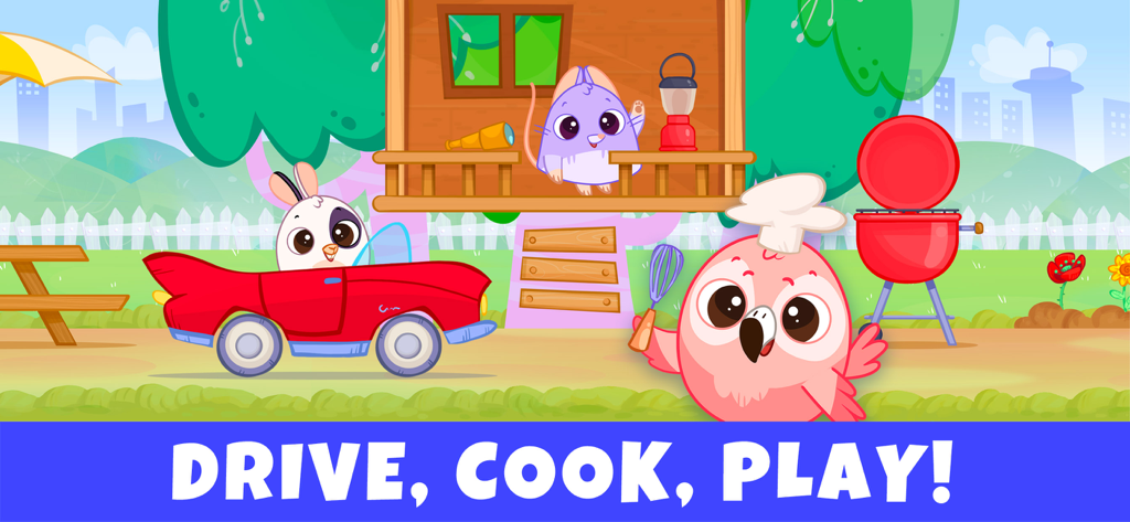 Bibi World: Games for Kids 3-6 - Personajes de Bibi World conduciendo un coche rojo, cocinando a la parrilla y jugando en una casa del árbol.