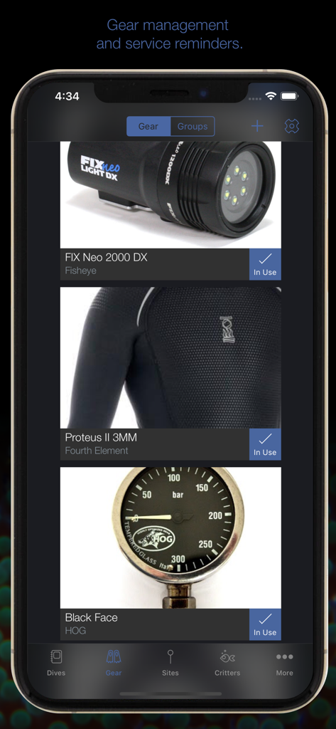 MacDive app screen showing scuba diving equipment management and service reminders