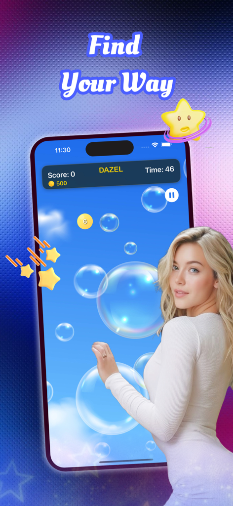 Dazel - Dazel bubble bursting game interface with blue sky background