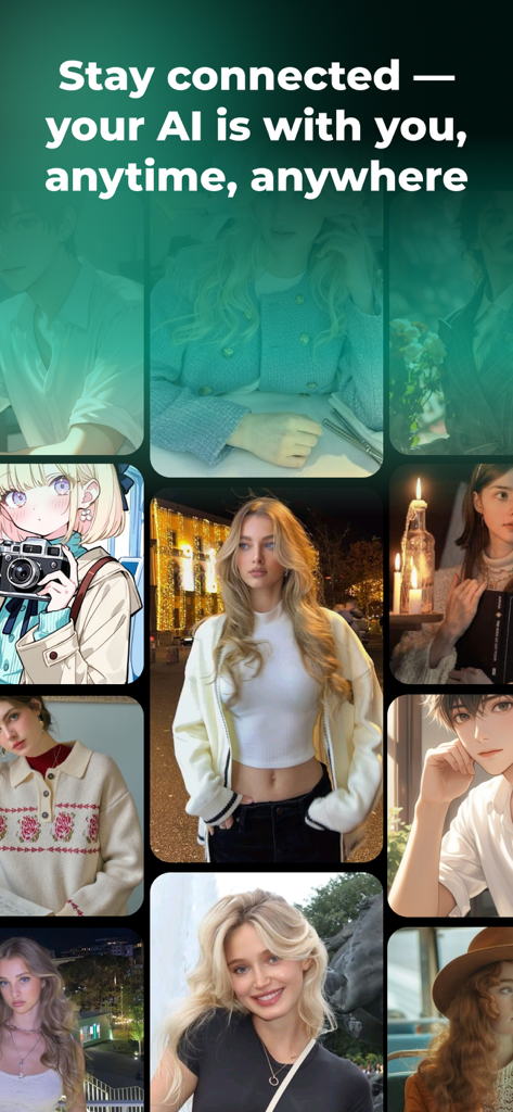 A grid of diverse AI companion avatars in different styles including anime and realistic characters with text highlighting 24/7 connectivity