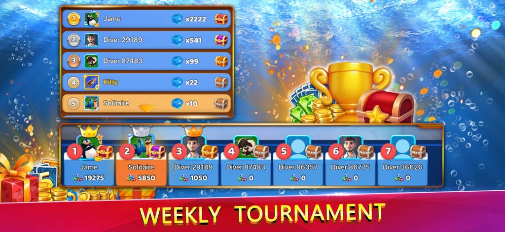 Solitaire UnderSea Tripeaks - Weekly tournament leaderboard in Solitaire UnderSea Tripeaks showing rankings and rewards