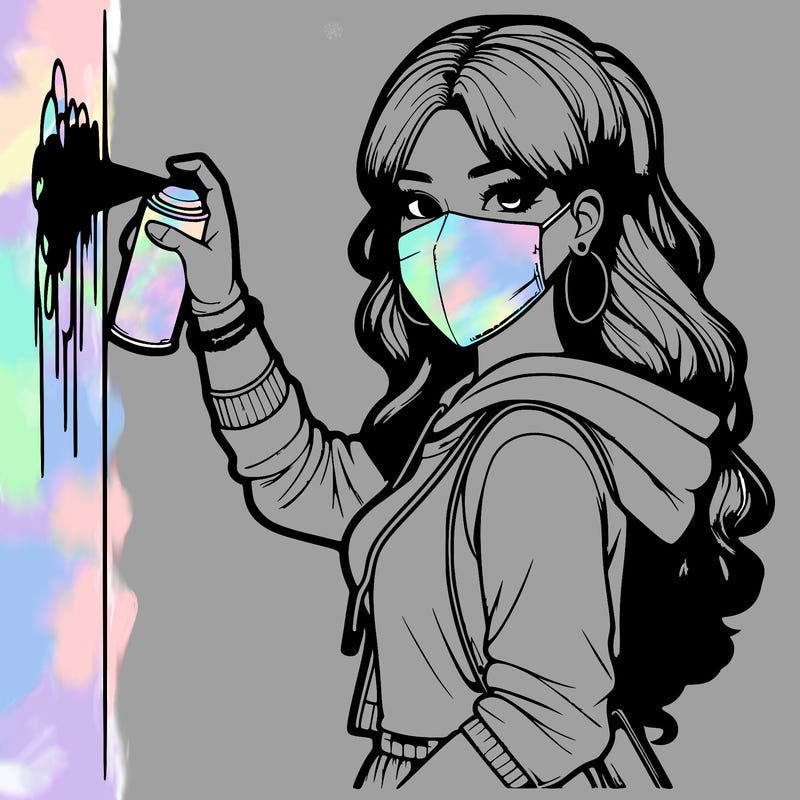 realistic girl with mask spray painting a wall