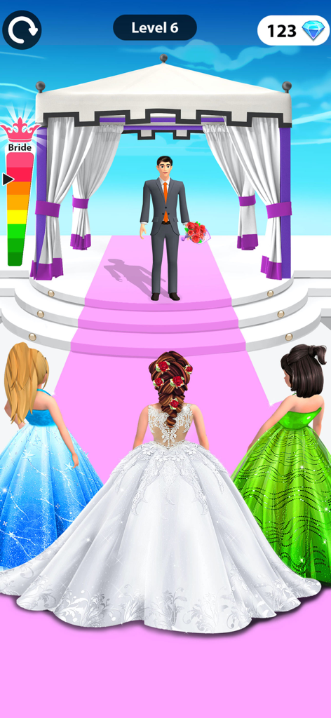 Bride Race & Outfit Makeover - ピンクのウェディング祭壇にいる新郎に向かってレースをする、カラフルなウェディングドレスを着た3人の花嫁