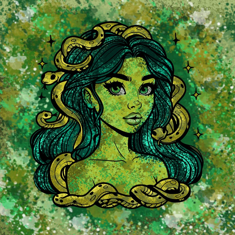 realistic girl with snakes as hair