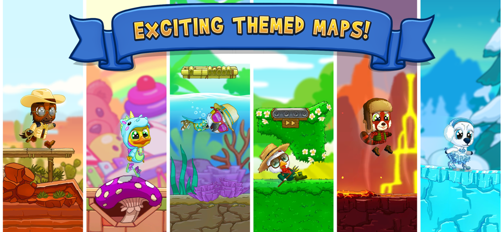 A showcase of six different themed racing maps in Fun Run 3 featuring customized animal characters in diverse environments including desert, candy, and ice themes.