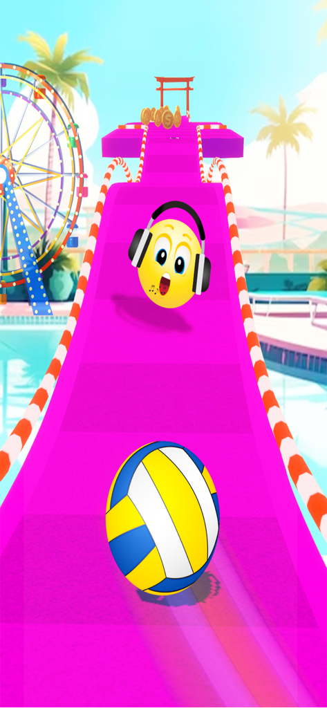 Crazy Balance Rolling Ball 3D - A volleyball rolling down a bright pink ramp in a sunny resort level with a Ferris wheel and a yellow emoji wearing headphones.