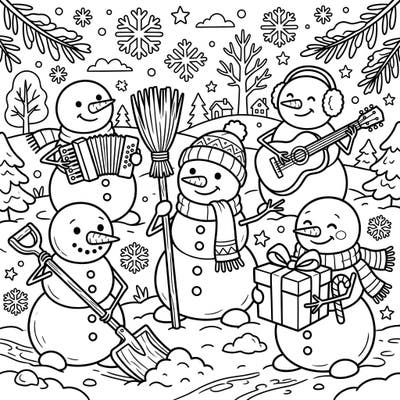 Dive into a whimsical winter world with our Snowmen Celebration coloring page. Join a lively band of snowmen as they play instruments, exchange gifts, and enjoy a snowy day, perfect for young artists.