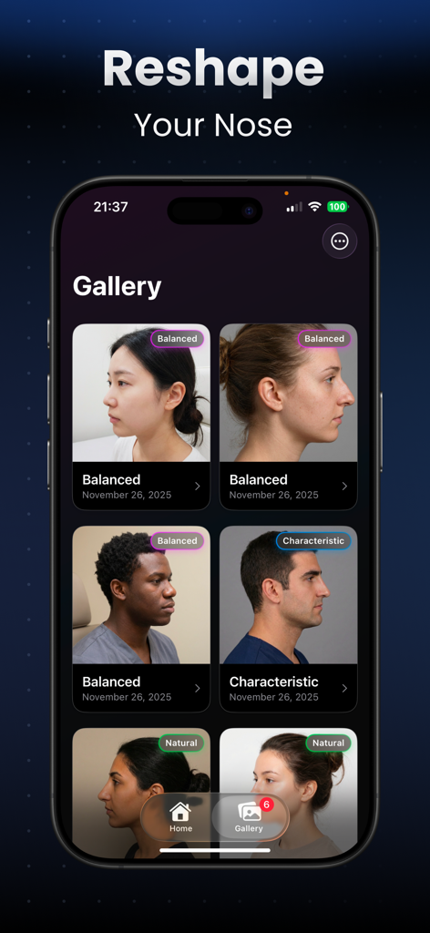 Nose Editor Fixer Reshape AI - Gallery of profile photos showing AI nose reshaping results with labels like Balanced and Natural