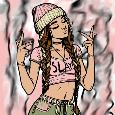 realistic teenage girl with braids and a beanie and crop top doing 🫶🏼