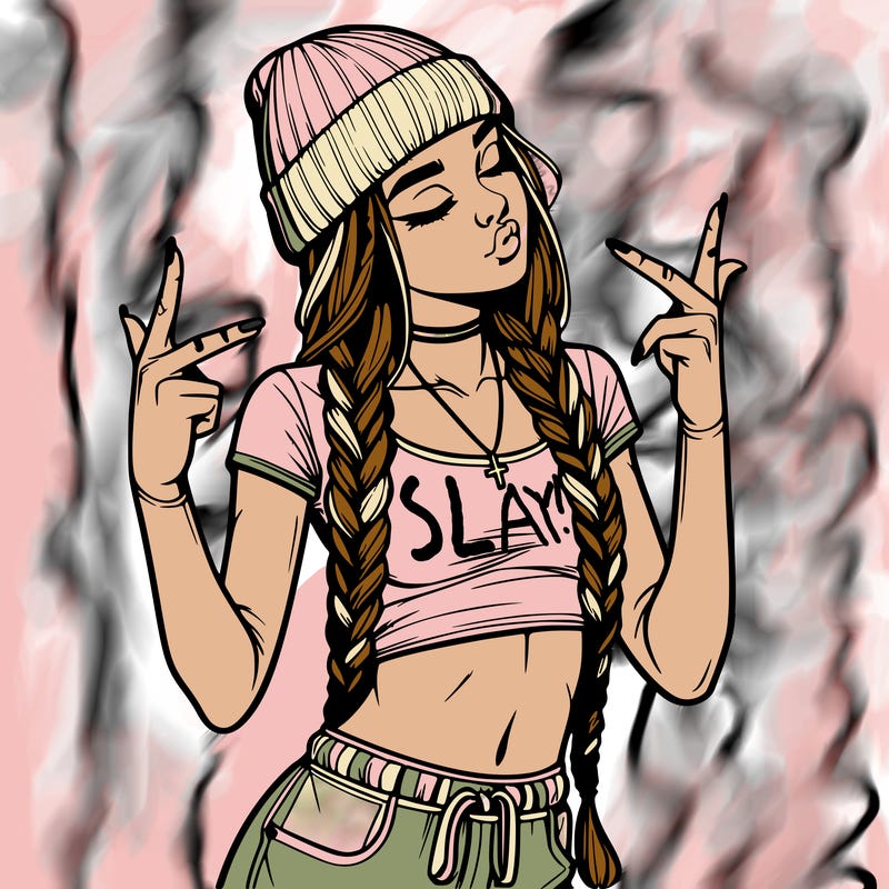 realistic teenage girl with braids and a beanie and crop top doing 🫶🏼