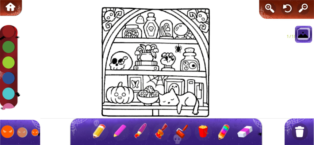 Bobbie Goods Art Coloring Book - Página para colorir de estante aconchegante e assustadora com um gato dormindo e poções mágicas no estilo de arte Bobbie Goods