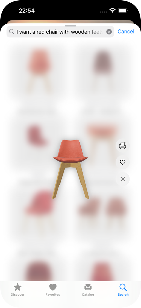 HomeByMe Reality – Deco 3D - Natural language search for a red chair with wooden legs in the HomeByMe Reality interior design app