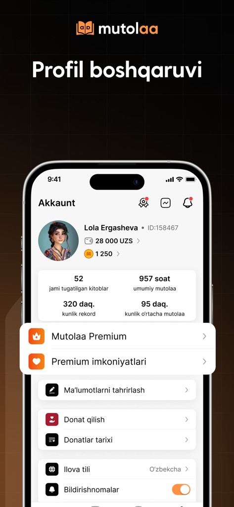 우즈베크어로 된 읽기 통계, 계정 잔액 및 프리미엄 구독 설정을 보여주는 Mutolaa 앱의 사용자 프로필 화면.