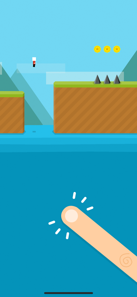 Mr Jump World - A minimalist platform game screen showing the Mr Jump character jumping over a gap and spikes with a tap gesture indicator