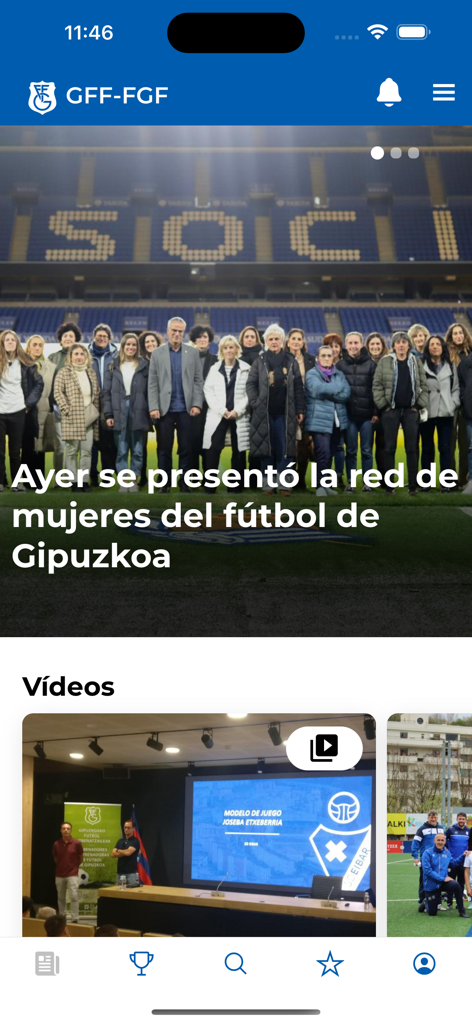 FGF GFF - Pantalla de inicio de la aplicación de fútbol FGF GFF que muestra noticias y vídeos locales de la Federación Guipuzcoana de Fútbol