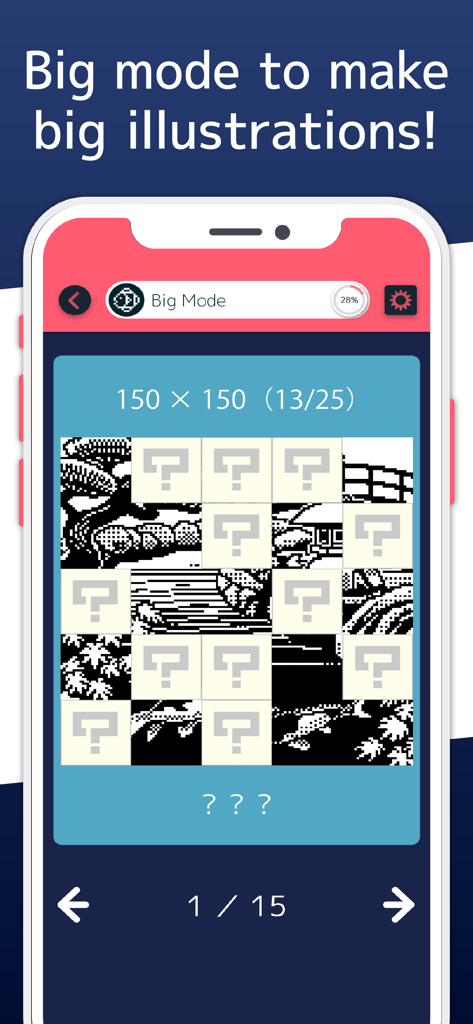 Pantalla del juego móvil Nonograms 999 que muestra el Modo Grande para acertijos de arte pixelado extensos.