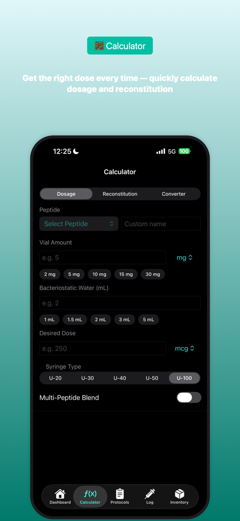 The PepDose app peptide calculator interface for measuring dosage reconstitution and syringe volume.