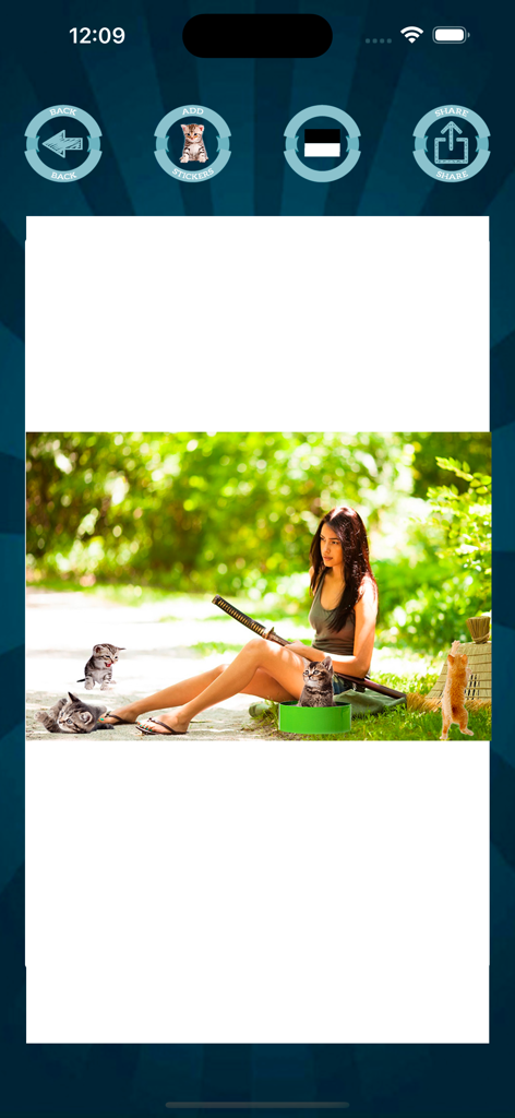 Mobile app interface for the Cat face stickers filters app showing several kitten stickers added to a photo of a woman outdoors