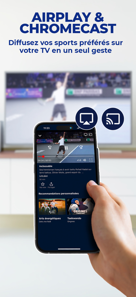 Hand holding a smartphone casting a tennis match to a TV using the Sport en France app
