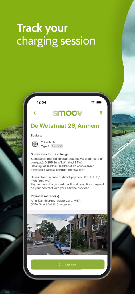 Smoov - Smoov app interface displaying electric vehicle charging station location, rates, and payment methods.