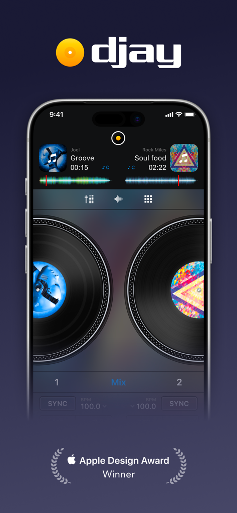 The interface of the djay app on an iPhone showing virtual vinyl turntables and mixing controls.