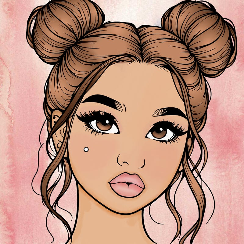 realistic girl with two buns on her hair and lips