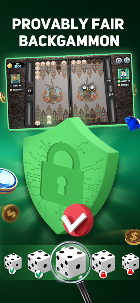 Backgammon Tournament online - 緑色のセキュリティシールドと公平なダイスロールを備えた、公平性が証明されたバックギャモン・ボードゲーム。