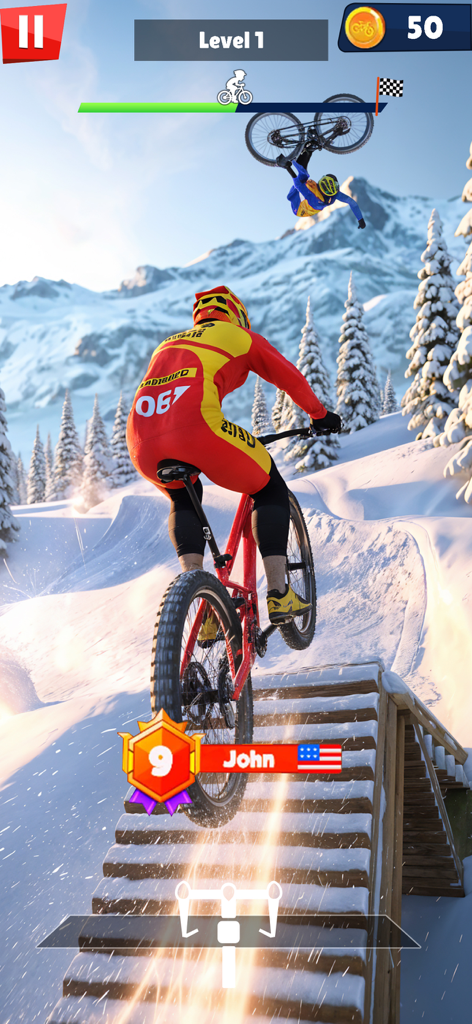 BMX Bike Games: Cycle Games 3D - Scène de jeu de course de BMX 3D sur une piste de montagne enneigée montrant un cycliste sur une rampe en bois.