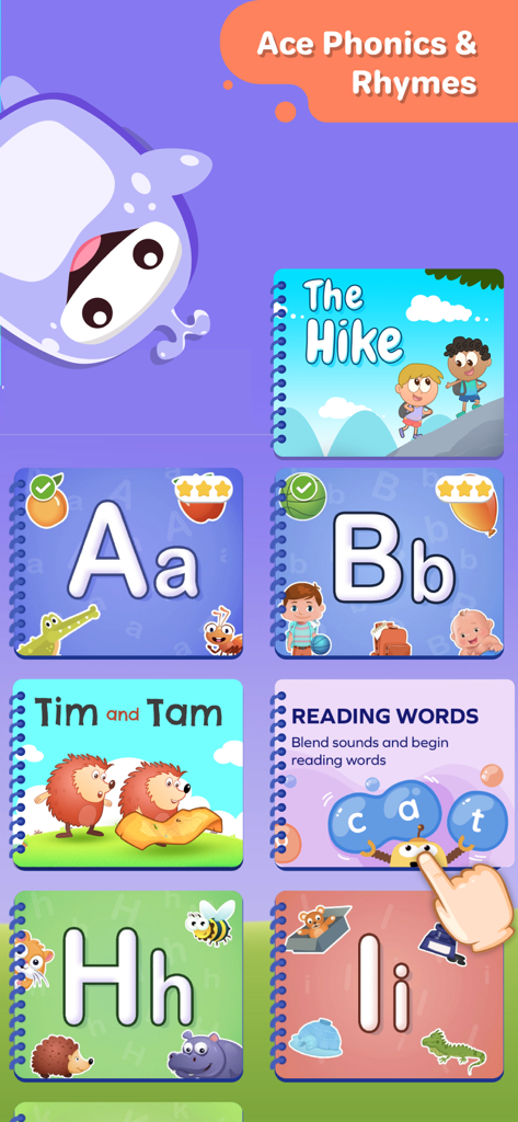 Splash Jr: PreK & Kindergarten - Splash Jr app screen showing phonics reading words and alphabet learning modules for kindergarten kids