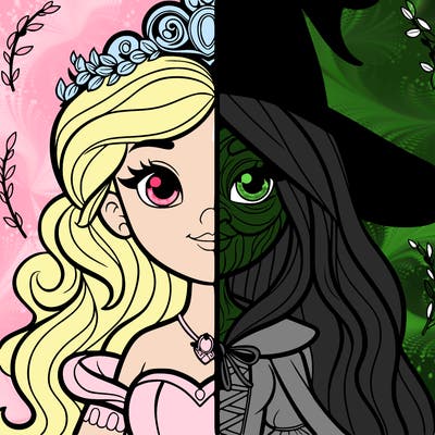 detailed realistic split of a princess and a witch