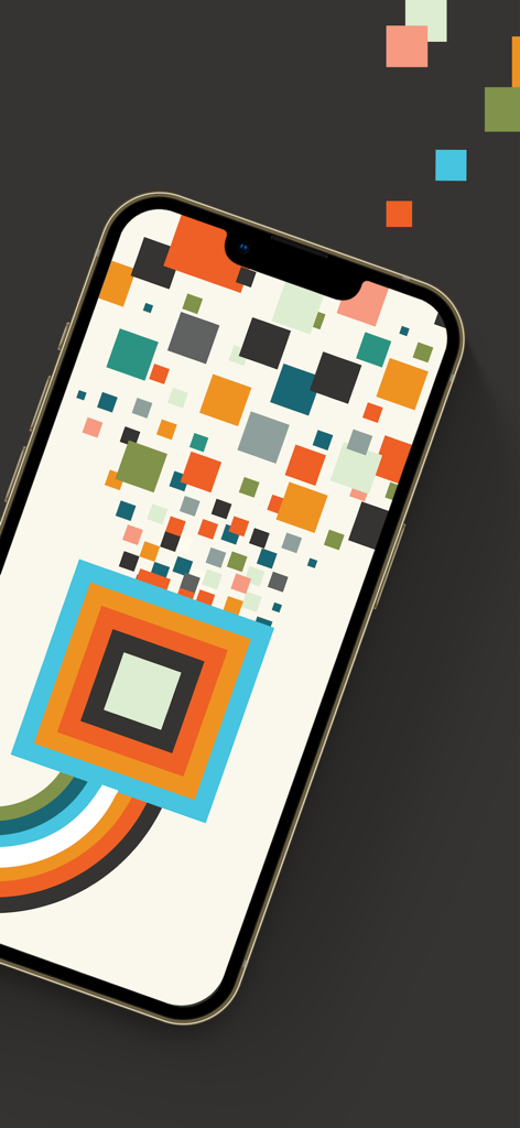 Quickbase mobile app splash screen featuring a colorful geometric design of squares representing data and building blocks