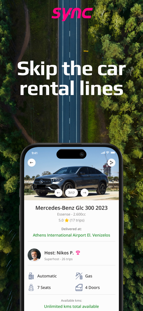 Sync - car rentals marketplace - A smartphone displaying the Sync app with a listing for a Mercedes-Benz GLC 300 and the headline skip the car rental lines.