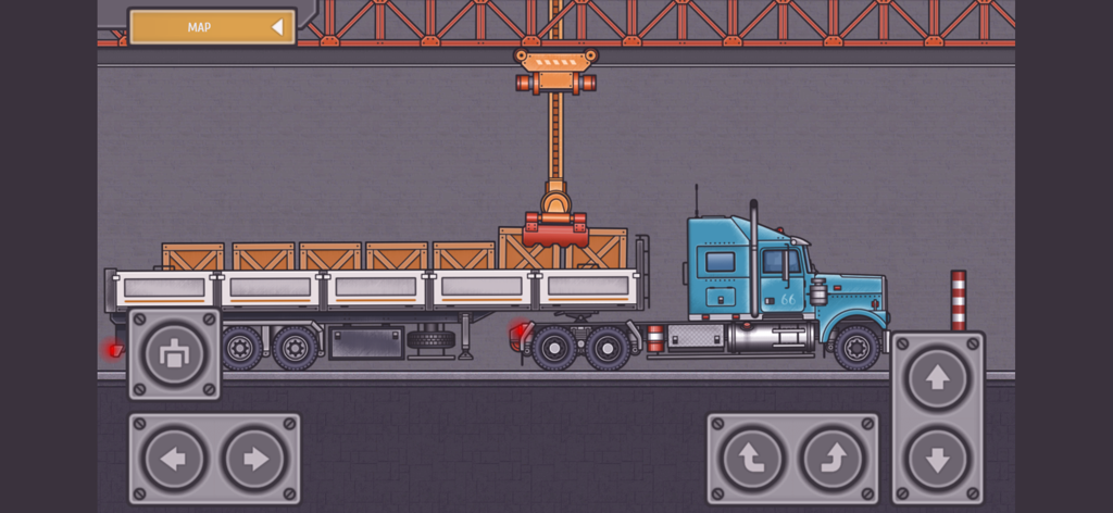 Trucker Ben - Truck Simulator - Un semi-camión azul siendo cargado con cajas de madera usando una grúa aérea en Trucker Ben Truck Simulator.