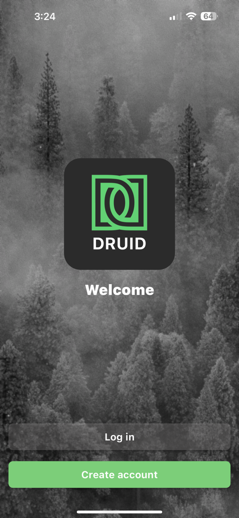 DRUIDapp - DRUID app welcome screen with logo and login options over a forest background