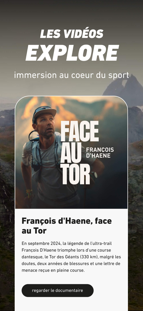 L’EQUIPE - live, sport, tv - L Equipe app Explore section featuring a sports documentary about ultra trail runner Francois d Haene