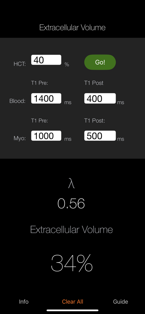 CMR Pocket Guide - CMRポケットガイドモバイルアプリのインターフェイス。細胞外容積計算ツールが表示され、HCTおよびT1値の入力フィールドがあります。