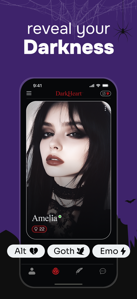 DarkHeart: Goth Dating App - DarkHeart app interface showing a goth user profile with alternative tags and the slogan reveal your darkness