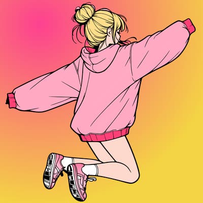 realistic girl jumping with a bun and oversized sweatshirt