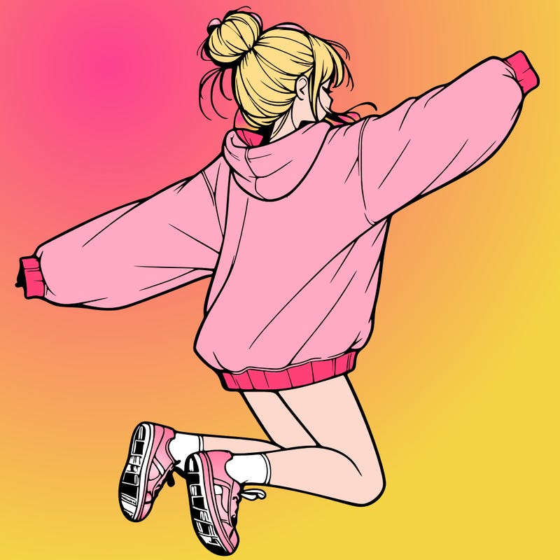 realistic girl jumping with a bun and oversized sweatshirt
