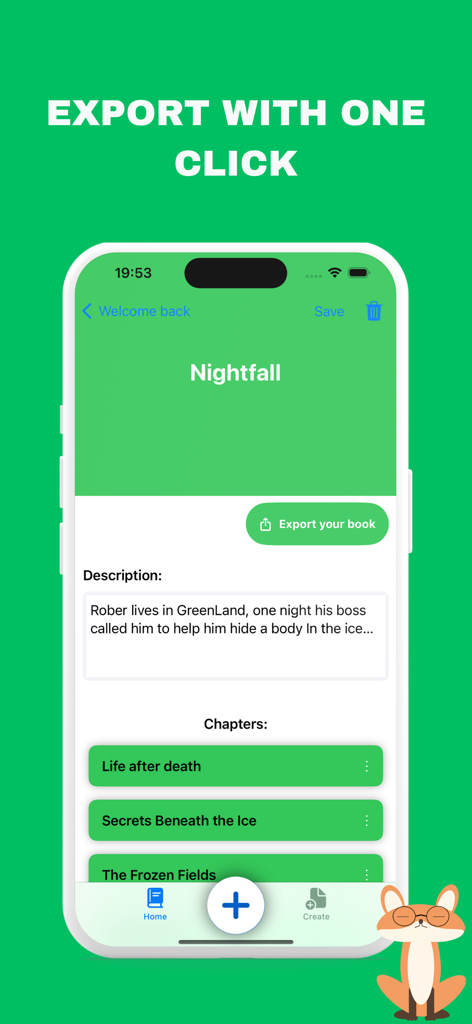 MrsWriter for writers - A screenshot of the MrsWriter app displaying an export your book button above a list of story chapters.