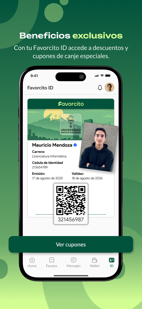Tu Favorcito - Estudiantes - Tu Favorcito 앱의 디지털 학생 ID 카드 화면, 프로필 사진, QR 코드 및 독점 혜택을 위한 대학 정보 표시