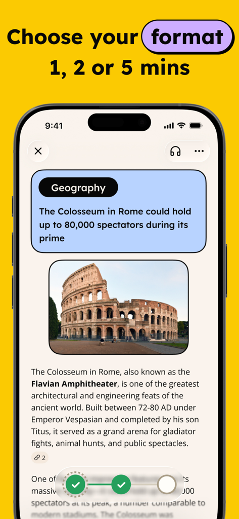 iPhone display showing a geography lesson about the Colosseum in the GenK app with options for 1 to 5 minute learning formats