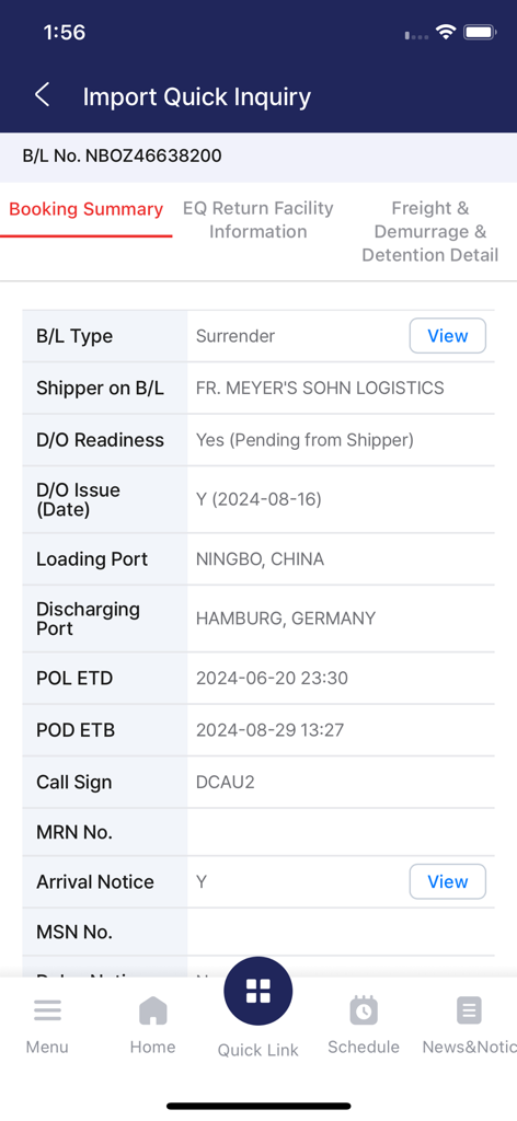 HMM e-Service - Interfaz de la aplicación HMM e-Service que muestra el resumen de reserva para una consulta de carga de importación, incluidos los detalles del envío de Ningbo a Hamburgo