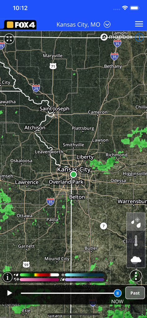 WDAF Fox 4 weather app screen showing a high resolution radar map of the Kansas City area