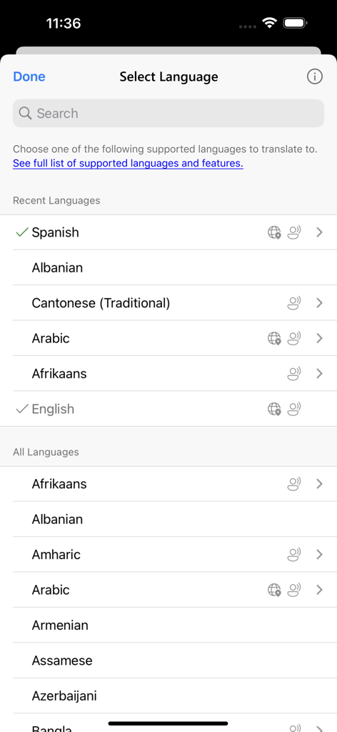 Schermata di selezione della lingua nell'app Microsoft Translator che mostra un elenco di lingue disponibili per la traduzione