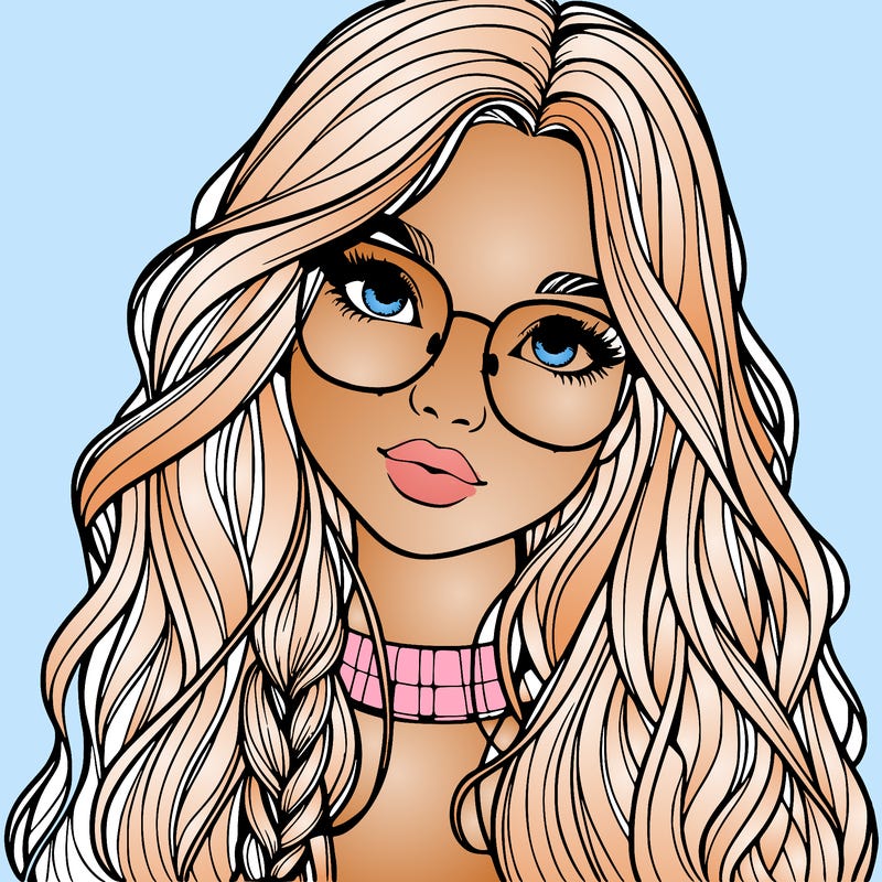 girl with long hair and freckles and glasses realistic