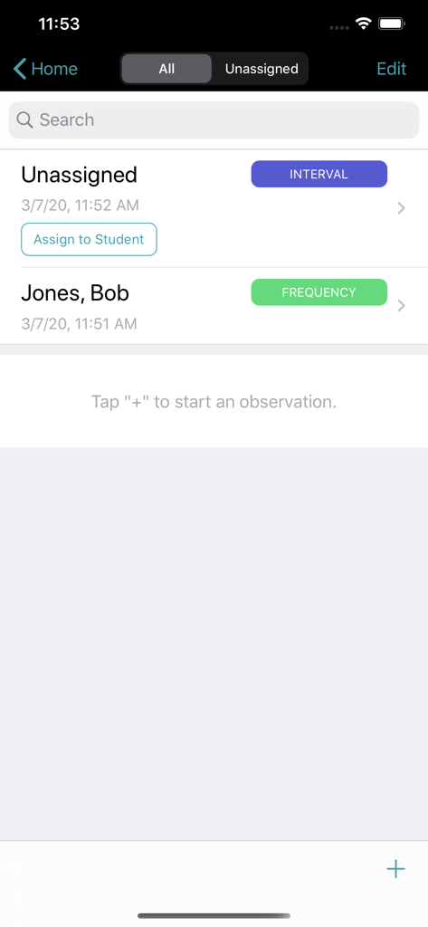 BehaviorSnap - BehaviorSnap App-Dashboard, das eine Liste von Schülerbeobachtungen und Aufzeichnungstypen anzeigt